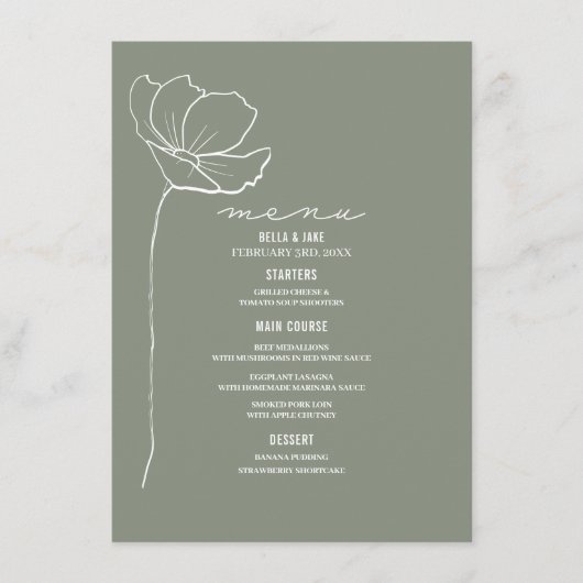 Line Art Blume Sage Green Wedding Menü Menükarte (Vorderseite)