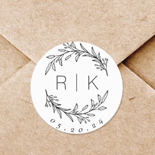 Line Art Botanical Wreath Wedding Monogram Runder Aufkleber