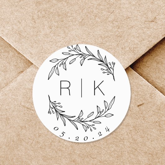 Line Art Botanical Wreath Wedding Monogram Runder Aufkleber
