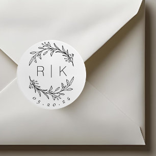Line Art Botanical Wreath Wedding Monogram Runder Aufkleber