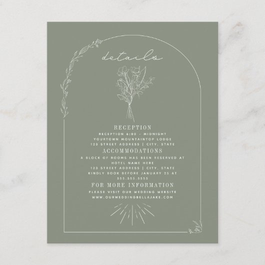 Line Art Bouquet Sage Green Wedding Details Begleitkarte (Vorderseite)