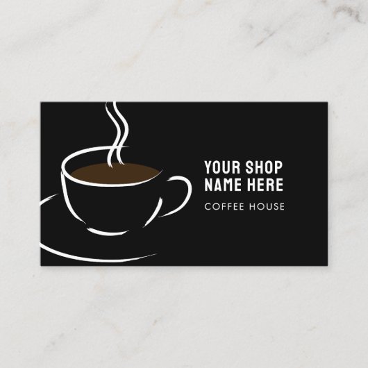 Line Art Coffee Cup und Bohnen auf schwarz Visitenkarte (Vorderseite)