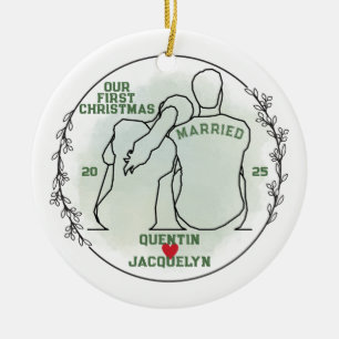 Line Art Couple Erstes Weihnachtsfest Verheiratet Keramik Ornament