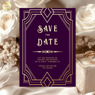 Line Art Deco Lila Gold Hochzeit Save the Date Folieneinladung