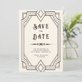 Line Art Deco Schwarz Creme Hochzeit Save the Date (Stehend Vorderseite)