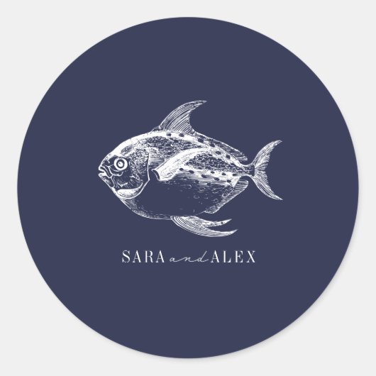 Line Art Fish Dark Blue Beach Hochzeit Runder Aufkleber (Vorderseite)