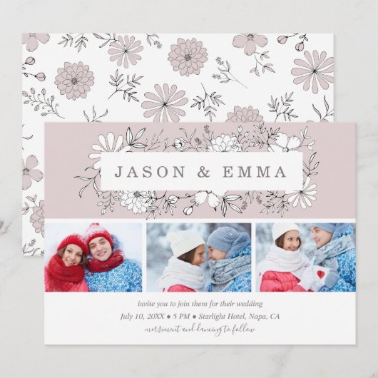 Line Art Floral Frame Dusty Rose 3 Foto Hochzeit Einladung (Vorne/Hinten)