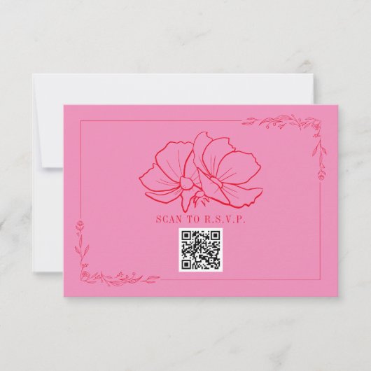 Line Art Floral Pink + Red Wedding RSVP Karte (Vorderseite)
