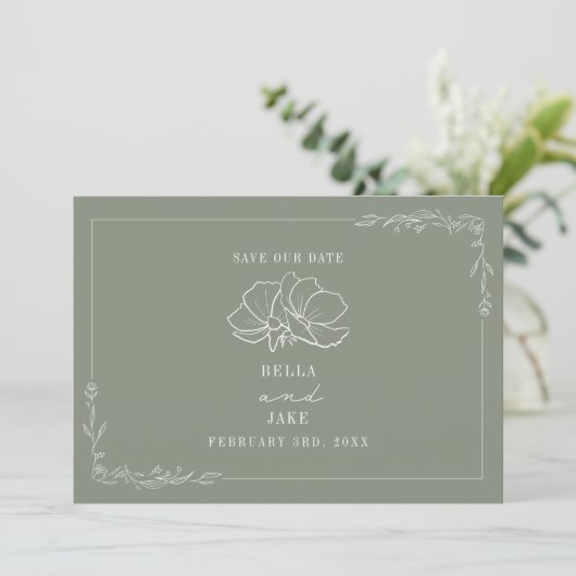 Line Art Floral Wedding Sage Green Save the Date (Stehend Vorderseite)
