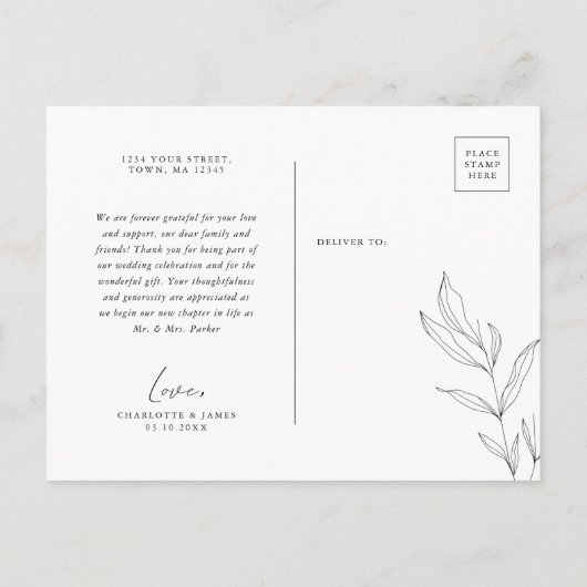 Line Art Foliage Leaf Danke Postcard Einladungspostkarte (Rückseite)