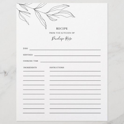 Line Art Foliage Leaf Name Rezept Card (Vorderseite)