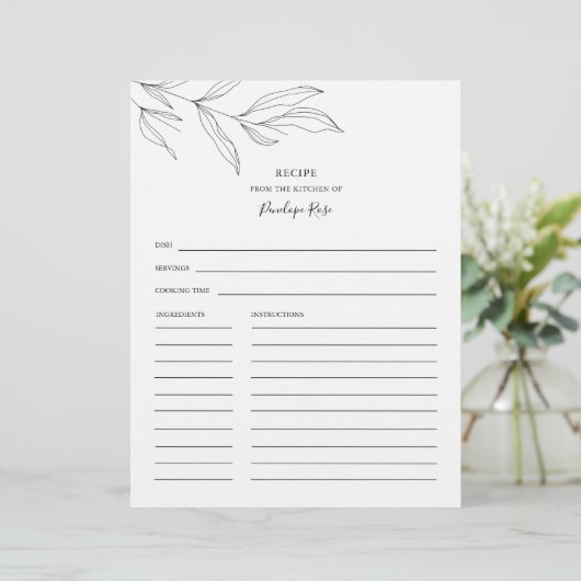 Line Art Foliage Leaf Name Rezept Card (Stehend Vorderseite)
