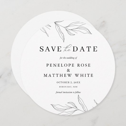 Line Art Foliage Leaf Save the Date Einladung (Vorne/Hinten)