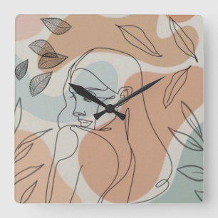 Line Art Frau Blätter Uhr