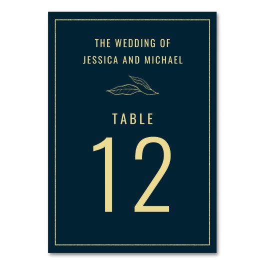 Line Art Gold Blätter Deep Blue Hochzeit Tischnummer (Vorderseite)