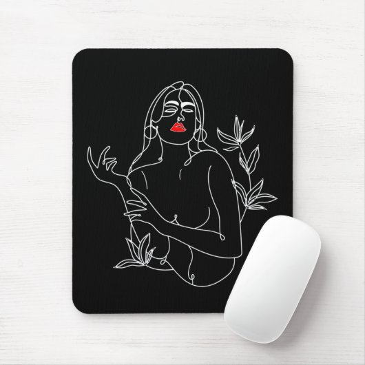 Line Art illustriert. Frau in Schwarz-Weiß Mousepad (Mit Mouse)