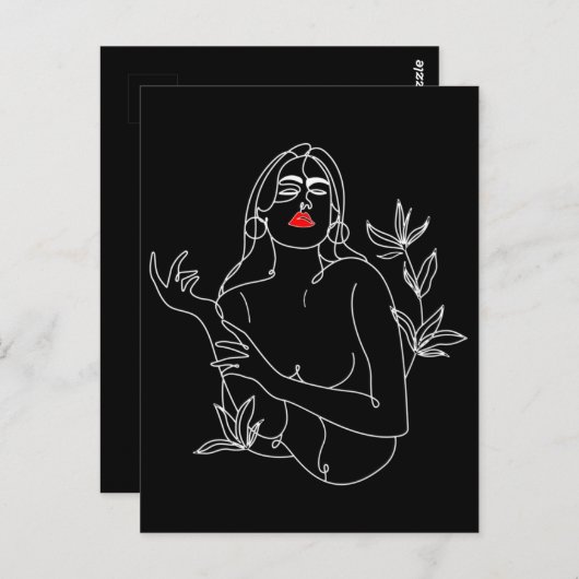 Line Art illustriert. Frau in Schwarz-Weiß Postkarte (Vorne/Hinten)