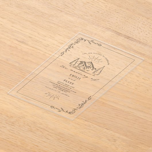 Line Art Mountain Blues Rustikale Hochzeit Acryleinladungen (Ablage )