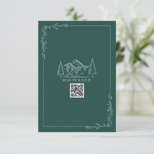 Line Art Mountains Emerald QR Code Wedding RSVP (Stehend Vorderseite)