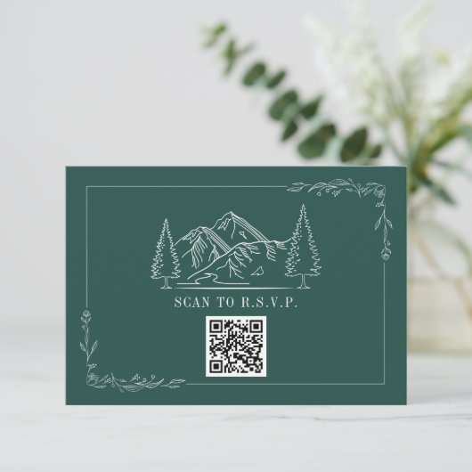 Line Art Mountains Emerald QR Code Wedding RSVP (Stehend Vorderseite)