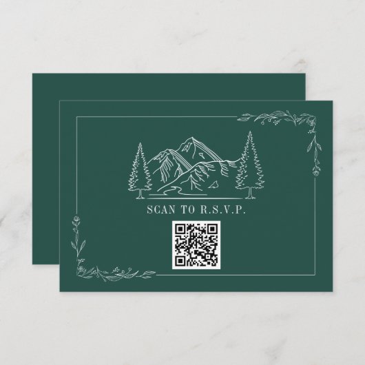 Line Art Mountains Emerald QR Code Wedding RSVP (Vorne/Hinten)