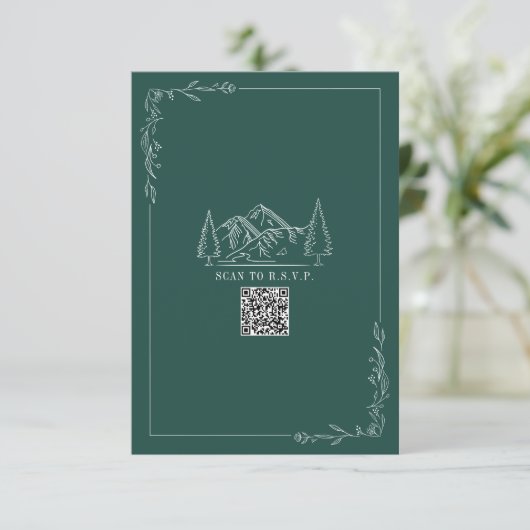 Line Art Mountains Emerald QR Code Wedding RSVP Karte (Stehend Vorderseite)
