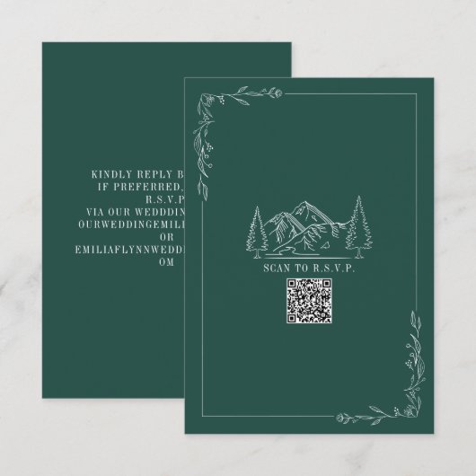 Line Art Mountains Emerald QR Code Wedding RSVP Karte (Vorne/Hinten)