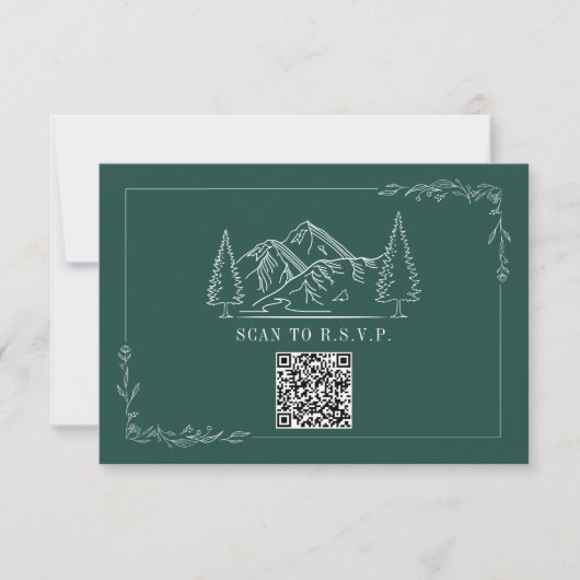 Line Art Mountains Emerald QR Code Wedding RSVP Karte (Vorderseite)