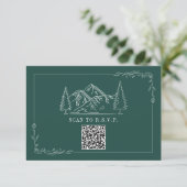 Line Art Mountains Emerald QR Code Wedding RSVP Karte (Stehend Vorderseite)