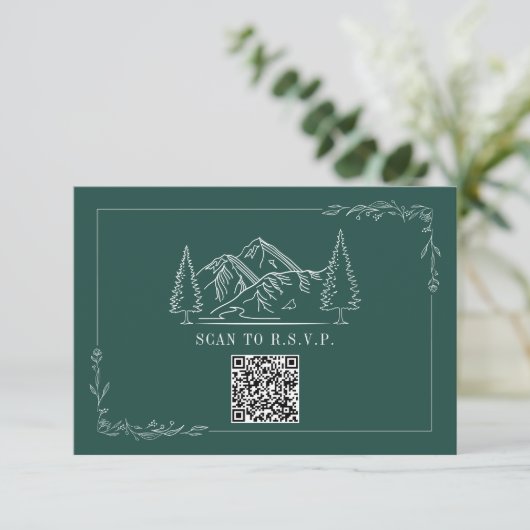 Line Art Mountains Emerald QR Code Wedding RSVP Karte (Stehend Vorderseite)