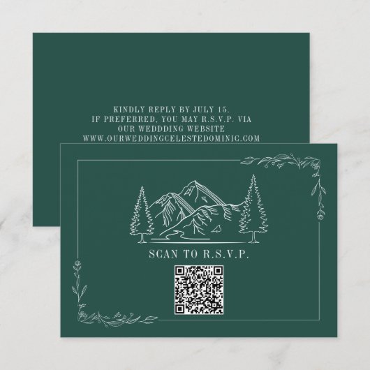 Line Art Mountains Emerald QR Code Wedding RSVP Karte (Vorne/Hinten)