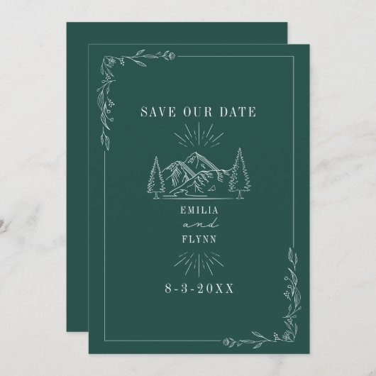 Line Art Mountains Emerald Wedding Save The Date (Vorne/Hinten)