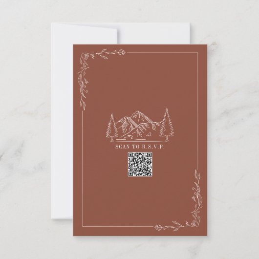 Line Art Mountains Terracotta QR Code Wedding RSVP Karte (Vorderseite)