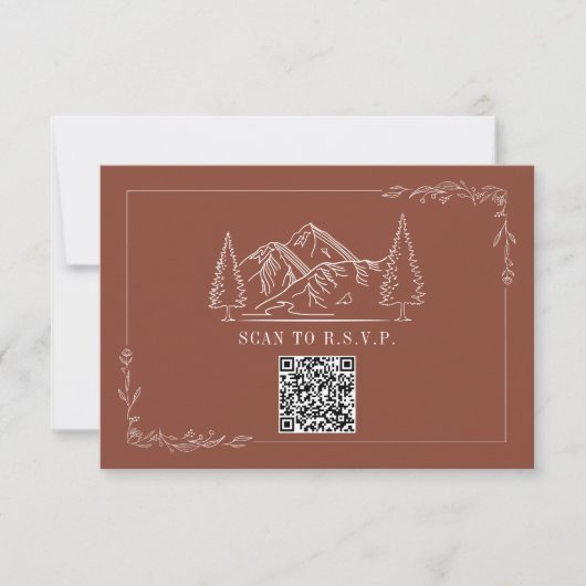 Line Art Mountains Terracotta QR Code Wedding RSVP Karte (Vorderseite)