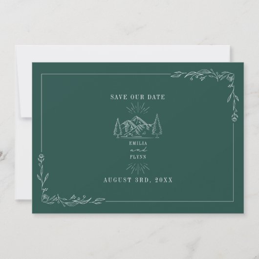 Line Art Mountains Wedding Emerald Save the Date (Vorderseite)
