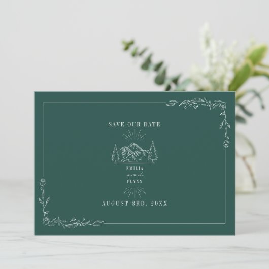 Line Art Mountains Wedding Emerald Save the Date (Stehend Vorderseite)