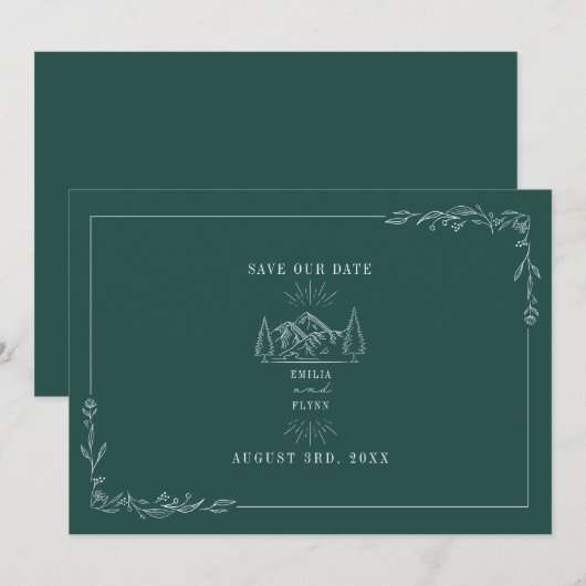 Line Art Mountains Wedding Emerald Save the Date (Vorne/Hinten)