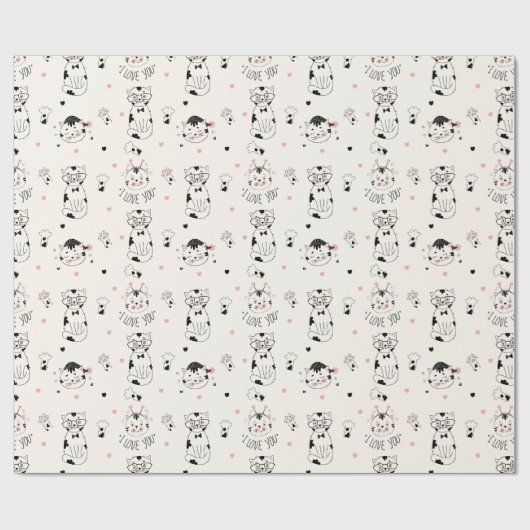 LINE ART NIEDLICH KITTY CAT "I LIEBE YOU" GESCHENKPAPIER (Flach)
