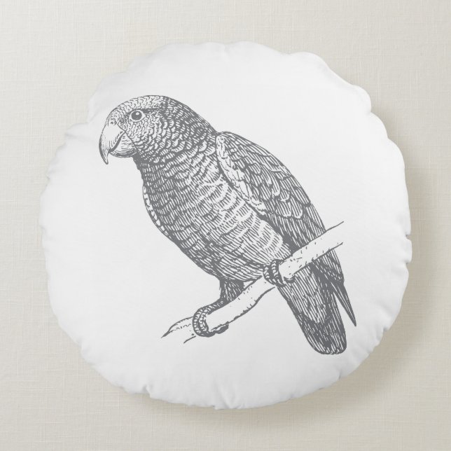 Line Art of Parrot (Gray) Fine Art Rundes Kissen (Vorderseite)