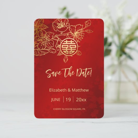 Line Art Red Chinese Wedding Save the Date Card Begleitkarte (Stehend Vorderseite)