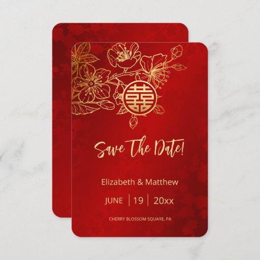 Line Art Red Chinese Wedding Save the Date Card Begleitkarte (Vorne/Hinten)