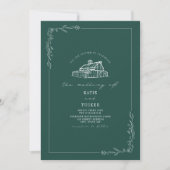 Line Art Rustic Barn Emerald Wedding Einladung (Vorderseite)