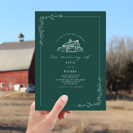Line Art Rustic Barn Emerald Wedding Einladung