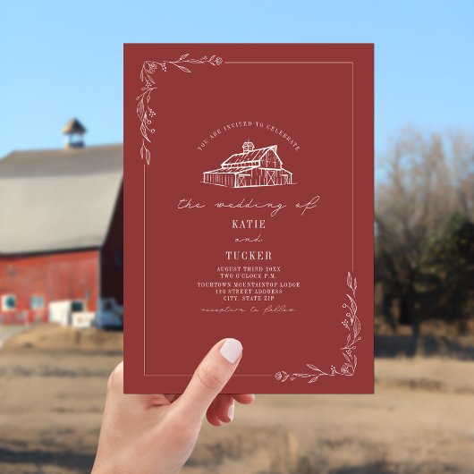 Line Art Rustic Barn Mute Red Wedding Einladung