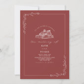 Line Art Rustic Barn Mute Red Wedding Einladung (Vorderseite)