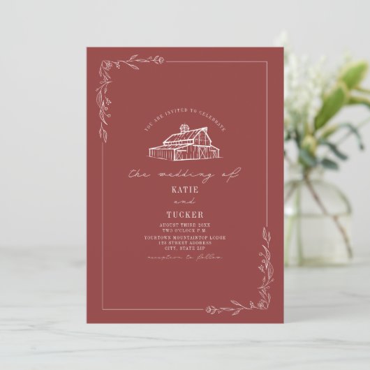 Line Art Rustic Barn Mute Red Wedding QR Einladung (Stehend Vorderseite)