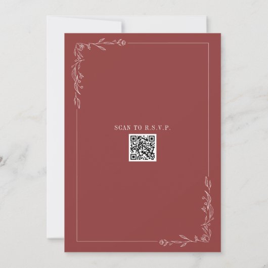 Line Art Rustic Barn Mute Red Wedding QR Einladung (Rückseite)