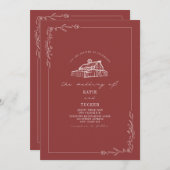 Line Art Rustic Barn Mute Red Wedding QR Einladung (Vorne/Hinten)