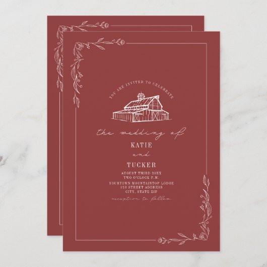 Line Art Rustic Barn Mute Red Wedding QR Einladung (Vorne/Hinten)