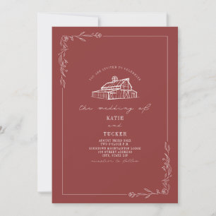 Line Art Rustic Barn Mute Red Wedding QR Einladung